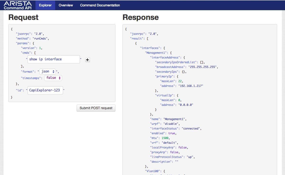 An example of interactive eAPI browsing (source: Arista Networks)