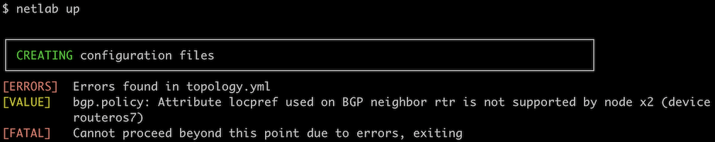 Before: Error generated when trying to start a BGP policy lab with Mikrotik external routers